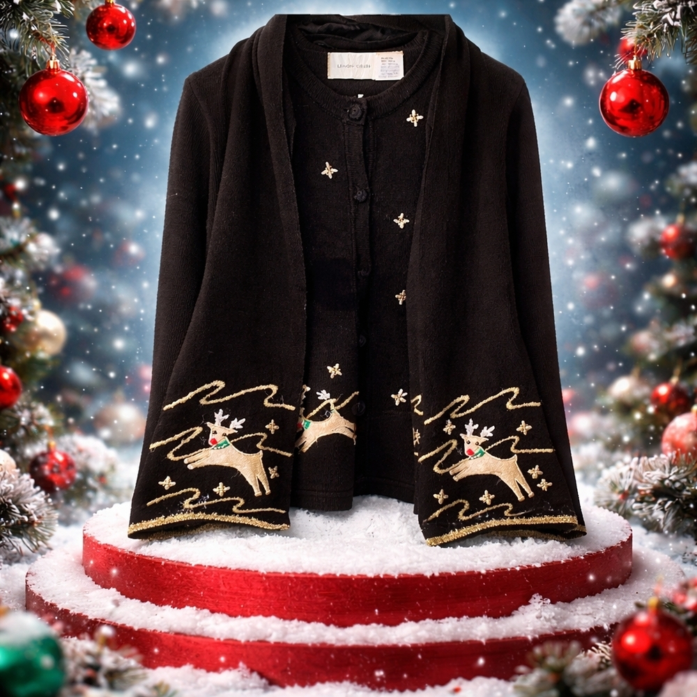 Vintage Lemon Grass "Rudolph" reindeer Cardigan Small Black Detach Scarf - Picture 4 of 16